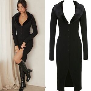 HOUSE OF CB Raine Faux Fur Trim Long Sleeve Rib Dress NWT
